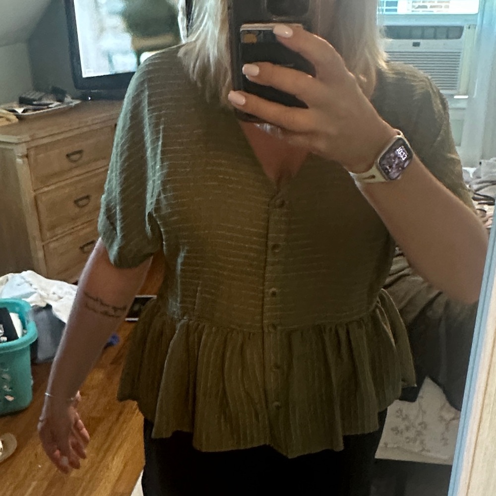Blu Pepper Olive Button-Down Peplum Blouse